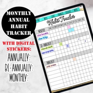 May include: A digital habit tracker with a monthly, bi-annual, and annual section. The tracker has a grid with months of the year listed across the top and habit categories listed down the side. The tracker is designed to be used with digital stickers.