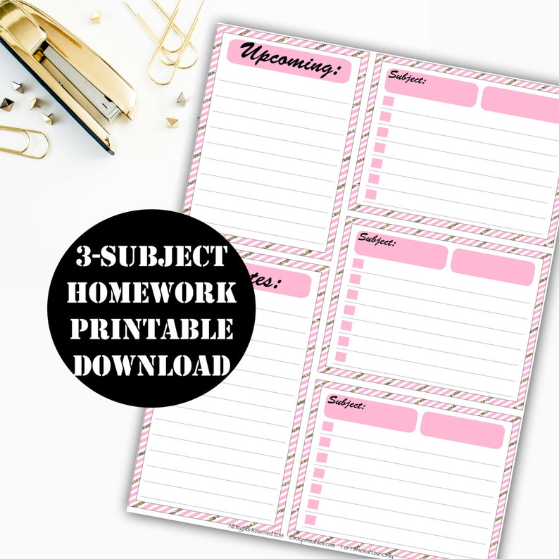 May include: Printable homework planner with pink and gold stripes. The planner has three sections labeled "Upcoming", "Notes", and "Subject". Each section has a checklist and space for writing.