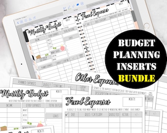 May include: A set of printable budget planning inserts for a personal finance journal. The inserts are black and white with a pink and gray marble pattern. The inserts include pages for monthly budget, fixed expenses, and other expenses.