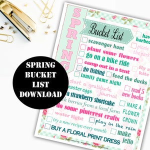 May include: A printable spring bucket list with a floral design. The list includes activities such as scavenger hunts, planting flowers, going on bike rides, camping, fishing, and making jelly.