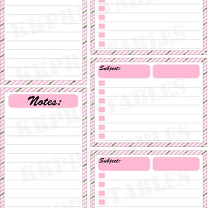 May include: A pink and white striped printable planner page with the headings "Upcoming", "Notes", and "Subject". The page has a checklist and space for writing.