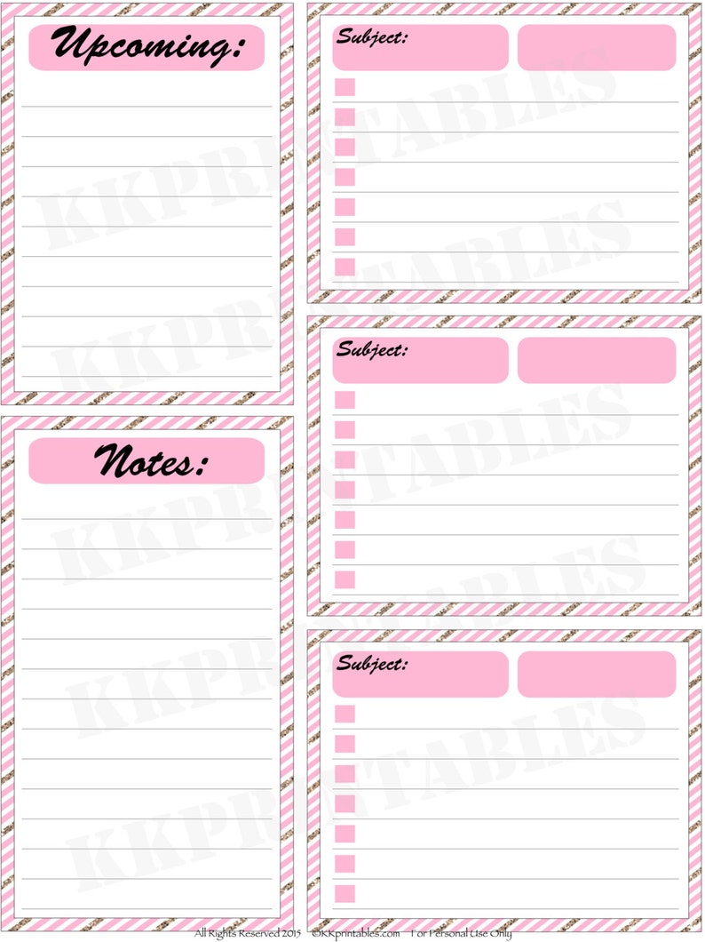 May include: A pink and white striped printable planner page with the headings "Upcoming", "Notes", and "Subject". The page has a checklist and space for writing.