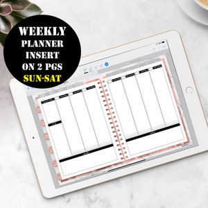 May include: A weekly planner insert for a planner with a marble background. The insert is designed for a planner with a coil binding. The insert has a space for each day of the week, Sunday through Saturday, and a notes section.
