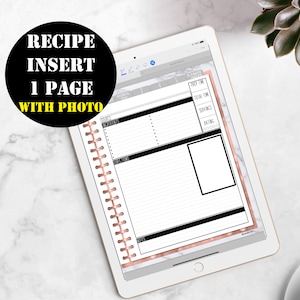 May include: A printable recipe planner page with a space for a photo, a section for ingredients, directions, and notes, and a planner section for prep time, total time, servings, and date.