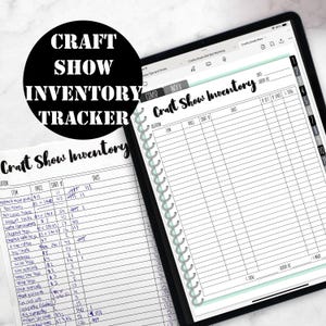 May include: A black and white printable craft show inventory tracker with columns for location, item, price, start #, and sales. The tracker is designed to help crafters keep track of their inventory at craft shows.