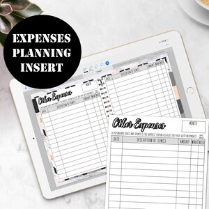 May include: A printable digital planner insert for tracking other expenses. The insert has a black and white marble background with gold accents. The text "Other Expenses" is written in black cursive font. The insert has columns for date, description of items, and amount wanted.