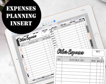 May include: A printable digital planner insert for tracking other expenses. The insert has a black and white marble background with gold accents. The text "Other Expenses" is written in black cursive font. The insert has columns for date, description of items, and amount wanted.
