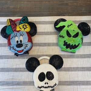 Minnie Sally Skellington Nightmare Halloween Disney Inspired Minnie Mouse Bling Crossbody Bucket Bag