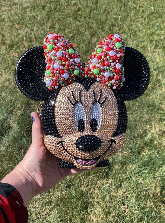 Very Merry Minnie Disney Inspired Minnie Mouse Pearl Bling Crossbody Bucket Bag Etsy