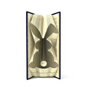 May include: A book with pages folded into the shape of a rabbit. The book is open and the rabbit is visible in the center of the book. The book has a blue cover.