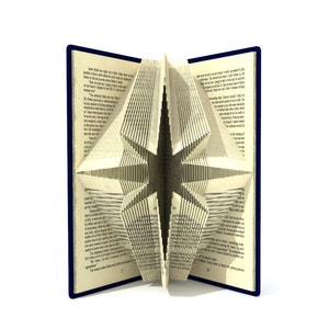 Op de afbeelding: Een boek met pagina's die zijn gevouwen tot een 3D-stervorm. Het boek is open en de ster is zichtbaar in het midden van de afbeelding. Het boek heeft een blauwe kaft.