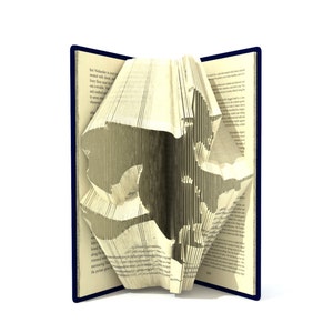 Op de afbeelding: Een boek met pagina's die zijn gevouwen tot een 3D-vorm van een vogel. Het boek is open en de vogel is zichtbaar in het midden van de afbeelding. Het boek staat op een witte achtergrond.