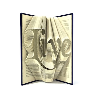 Puede incluir: Un libro con la palabra "Live" doblada en las páginas. El libro está abierto y las páginas están dobladas para crear la palabra. El libro está sobre un fondo blanco.