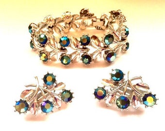 Vintage Earrings and Bracelet Set  - Blue Rhinestone Flower - Wedding - EXCELLENT CONDITION by Vintage Chic Ltd.