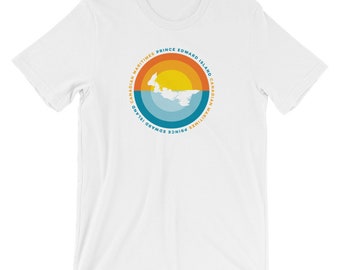 May include: White t-shirt with a circular graphic design featuring a stylized map of Prince Edward Island in orange, yellow, and blue. The text "Canadian Maritimes Prince Edward Island Canadian Maritimes" surrounds the map.
