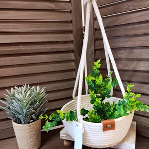 Puede incluir: Un macetero colgante de cuerda blanca con una planta verde en su interior. El macetero está colgado de una pared de listones de madera. Hay una pequeña planta en maceta en el lado izquierdo de la imagen.