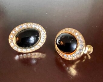 NAPIER screw back EARRINGS ~ Black oval dome stone surrounded by 22 rhinestones