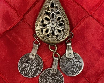 Rare Moroccan Berber Pendant with 3 Antique Moroccan Silver Coin Dangles