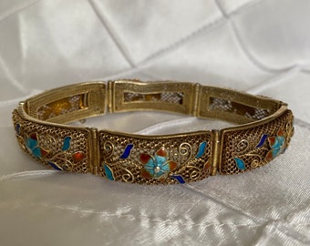 Rare Vermeil Filigree Link Sterling Bracelet with Cloisonné Flowers & Vines