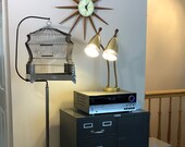 Vintage Bird Cage on Stand - Hanging plant stand Light Fixture Mid Century Modern Black Chrome