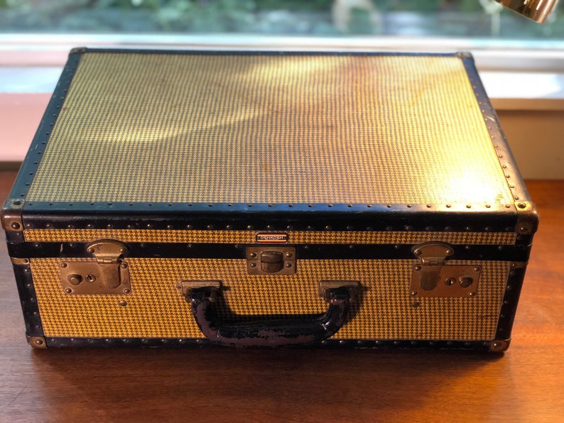 Vintage Suitcase Trunk Tweed Herringbone Black /& Mustard Yellow by Oshkosh Leather Handle