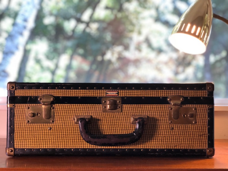 Vintage Suitcase Trunk Tweed Herringbone Black /& Mustard Yellow by Oshkosh Leather Handle