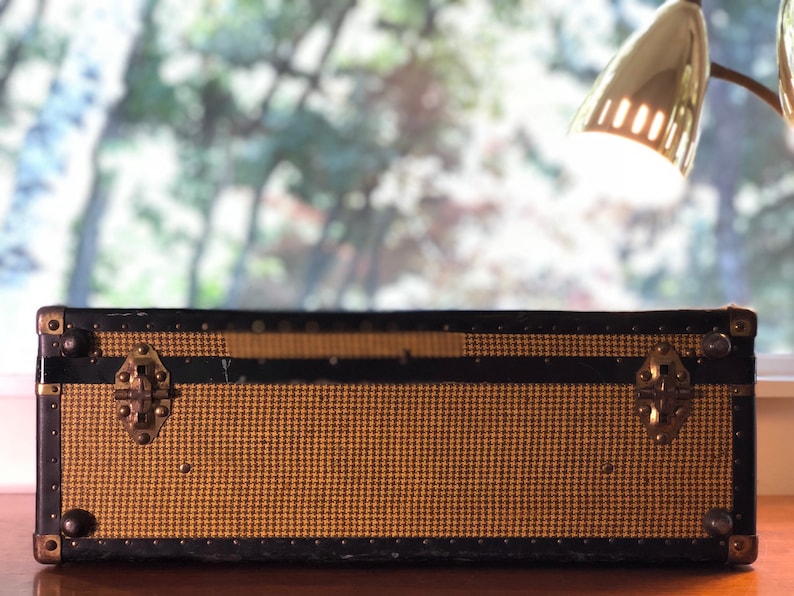 Vintage Suitcase Trunk Tweed Herringbone Black /& Mustard Yellow by Oshkosh Leather Handle