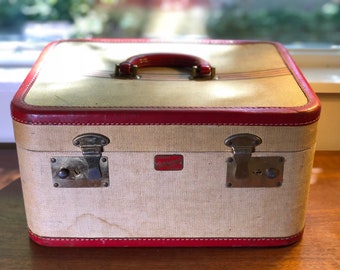 Vintage Train Case Tweed Leather Striped Tan & Red - Make up Bag Mid Century Case by Luttman's