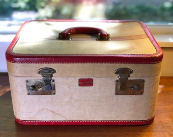 Estojo de trem vintage de couro tweed listrado marrom e vermelho - Bolsa de maquiagem Estojo de meados do século da Luttman's