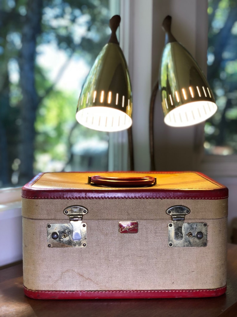 Vintage Train Case Tweed Leather Striped Tan & Red Make up Etsy UK