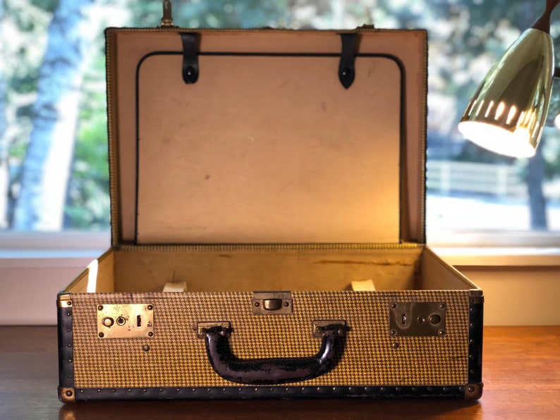 Vintage Suitcase Trunk Tweed Herringbone Black /& Mustard Yellow by Oshkosh Leather Handle