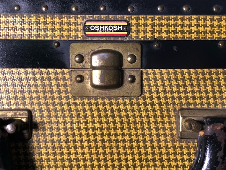 Vintage Suitcase Trunk Tweed Herringbone Black /& Mustard Yellow by Oshkosh Leather Handle