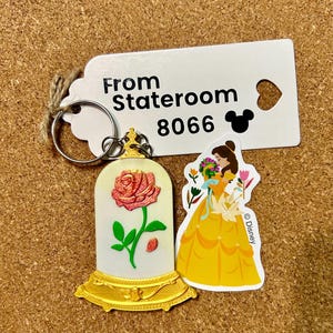 Handmade Disney Belle (Beauty & the Beast) keyring, sticker individually wrapped with personalized tag- Disney pixie dusting, fish extender