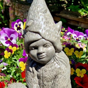 May include: A grey garden gnome statue with a pointed hat and a smiling face. The gnome is surrounded by colourful pansies in shades of purple, yellow, and red. The statue is made of a stone-like material and is a decorative garden ornament.
