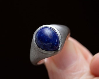 Brushed Silver Pear Shaped Lapis Ring