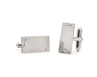 Vintage Silver Rectangle Cufflinks with Art Deco Etched Design and Area Ready For Your Own Monogram Initials