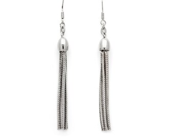 Silver Dangle Drop Earrings With Herringbone Chain Tassel