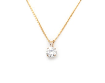 10k Gold Solitaire Cubic Zirconia Pendant Curb Chain Optional