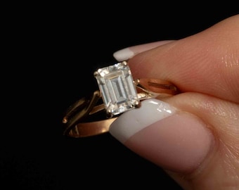 10k Gold Split Shank Cathedral Ring with Emerald-Cut Clear Tourmaline