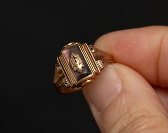 1950 10k Gold School Signet Ring with Abalone & Initial G - Art Deco Design