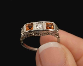 Vintage 18K White Gold Diamond & Citrine Ring · Art Deco Filigree Ring · Size 5.25
