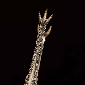 May include: Silver sugar tongs with an elaborate design. The arms of the tongs have a scrolling pattern, and the top features a bird claw design. The tongs are held against a black background.
