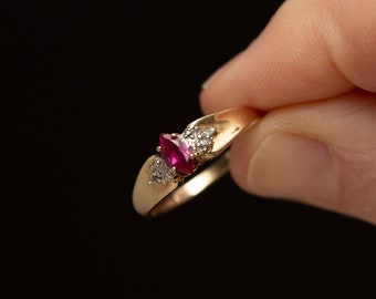 10K Gold Marquise Ruby Ring with Illusion Diamond Shoulders - Size 7