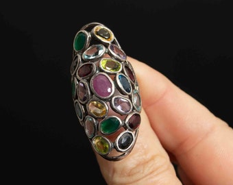 Large Multi-Stone Silver Ring with Organic Beach Pebble Look