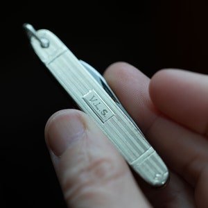 Art Deco 14k White Gold Esemco Pocket Knife with 2 Stainless Steel Blades Pendant