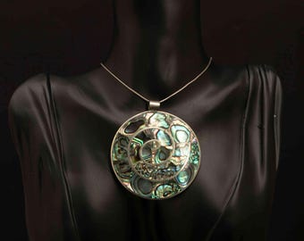 vintage pendentif ormeau sur chaîne en argent - alpaga du Mexique, collier audacieux des années 1970