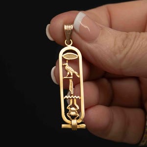 18K Gold Egyptian Cartouche Pendant – Hieroglyphic Symbol Necklace – Optional 10K Chain