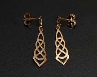 10K Gold Celtic Style Double Trinity Knot Drop Earrings
