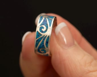 Vintage Sterling Silver Blue Inlay Band Ring · Scroll Pattern Size 6.5