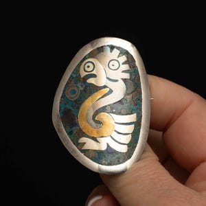 Vintage Handmade Sterling Silver & Copper Inlay Brooch/Pendant – Mayan Bird Design